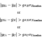 \begin{displaymath}\begin{split}
\vert y_{E i} - \bar{y}_{E} \vert & > g s_{E} ...
...} \vert & > g s_{U} \sigma_{U \textrm{median}} \\
\end{split}\end{displaymath}